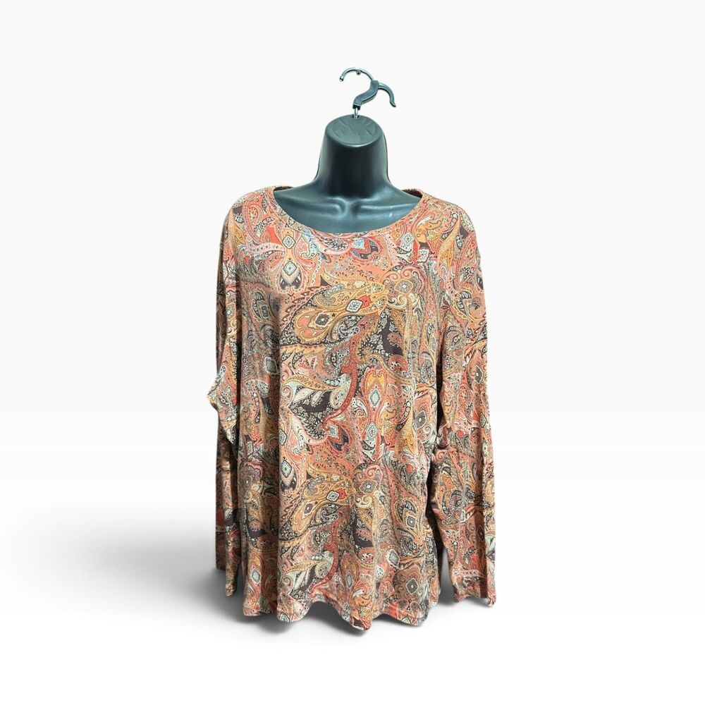 Y2K Paisley Top Womens 3X Orange Bohemian Groovy Psychedelic Austere Long Sleeve